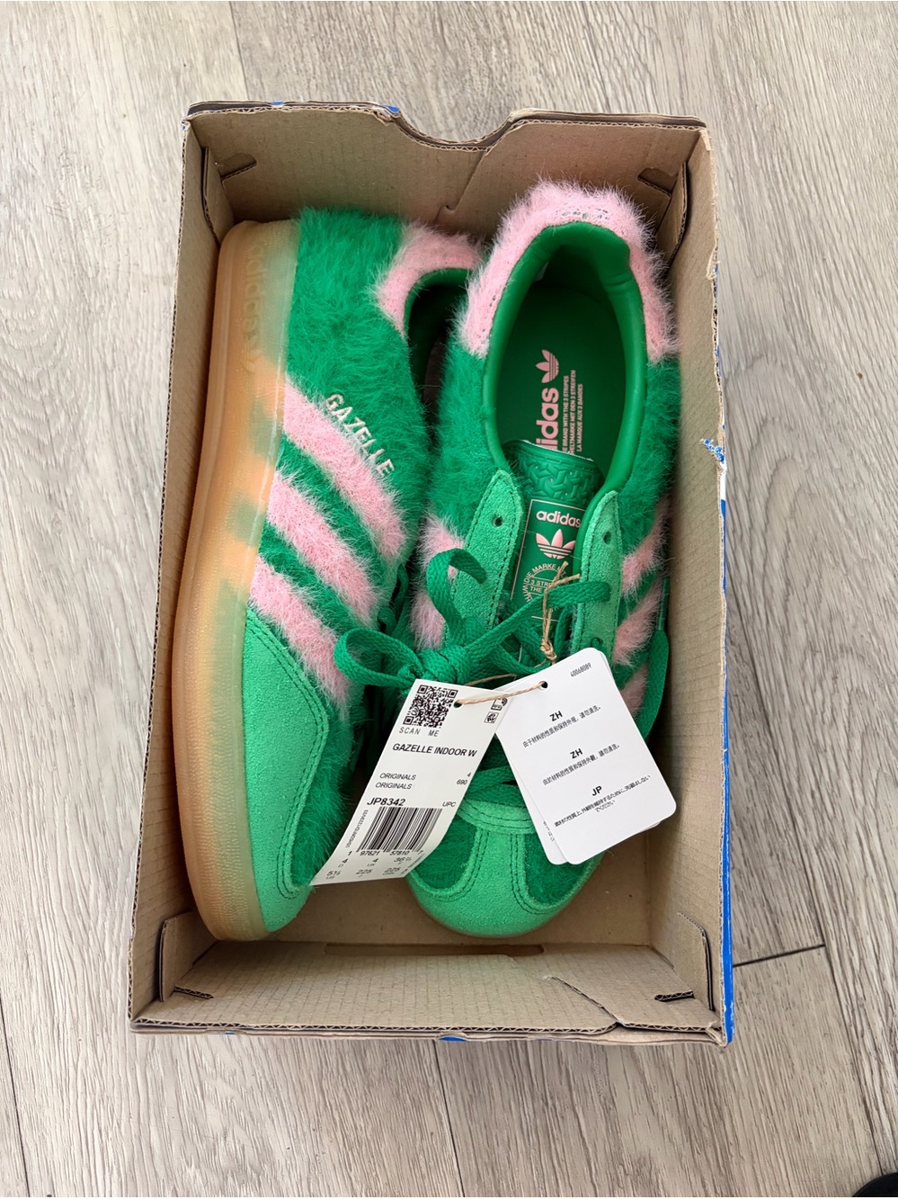 adidas Kids Gazelle Green and Pink Fuzzy Sneakers